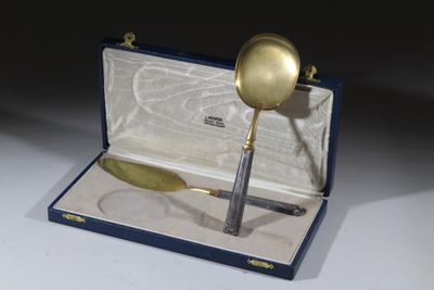 une cuillère en argent et une cuillère en or dans un étui bleu