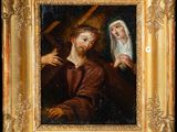 a painting of a man holding a cross next to a woman