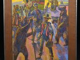 painting of a group of men walking down a street with bears