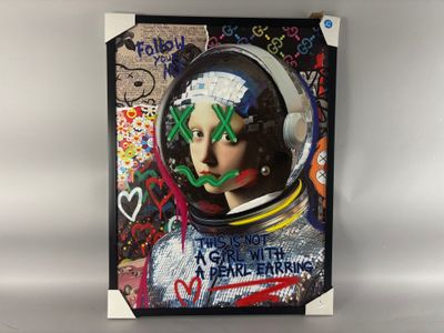 a painting of a woman in a space suit on a wall