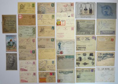 many different types of old postcards on the wall