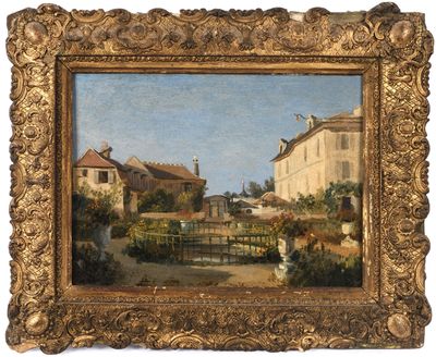 an oil painting of a house and garden with a bridge in the foreground