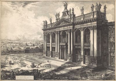 un vieux dessin représentant un grand bâtiment avec des colonnes et une tour horloge