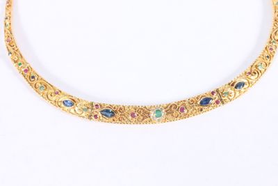 Collier semi rigide en or jaune 750 ‰ sertie de rubis, saphi… - Photo 1