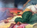 a painting of a woman laying on a bed with her feet up