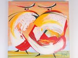 a painting on the wall of a couple of birds
