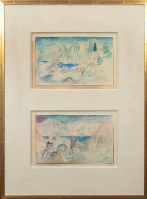 tableau composé de deux aquarelles représentant des chevaux dans un paysage enneigé, avec des montagnes en arrière-plan
