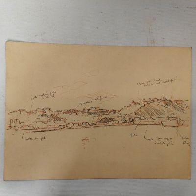 drawing of a view of a town from a distance with a mountain in the background
