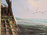 a painting of a ship in the ocean with seagulls flying over it