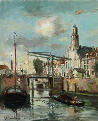 a painting of a boat on the water in front of a building
