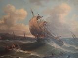 a painting of a ship in the middle of the ocean
