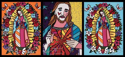 trois représentations différentes de Jésus, avec des fleurs et une croix