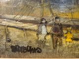 a painting of two people riding horses on the beach