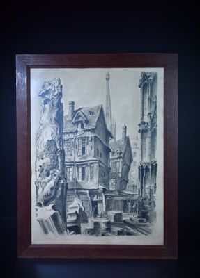 dessin représentant une scène de rue avec des bâtiments et une statue en arrière-plan