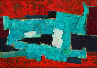 peinture abstraite représentant des formes bleues et rouges sur un fond rouge