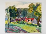 une aquarelle représentant une maison dans les bois