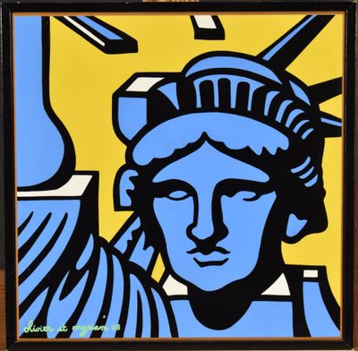an image of a painting of the statue of liberty in blue and yellow