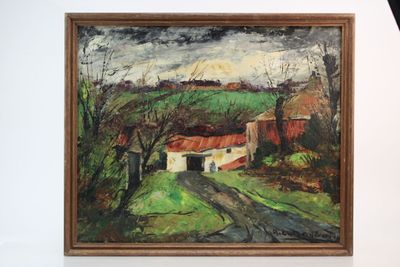 une image représentant un tableau d'une ferme au toit rouge