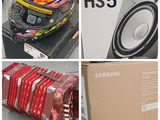 many different pictures of a helmet on display in a store