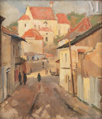 an oil painting of a street scene with people walking down the street