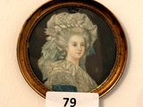 a picture of a woman with a feathered hat on a wall