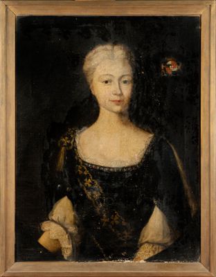 a painting of a woman in a black dress holding a fan