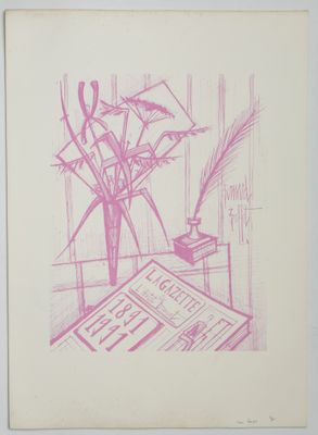 purple ink drawing of a vase of flowers on a table
