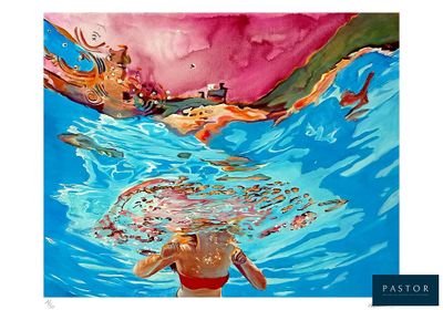 painting of a woman in a red bikini swimming in a pool
