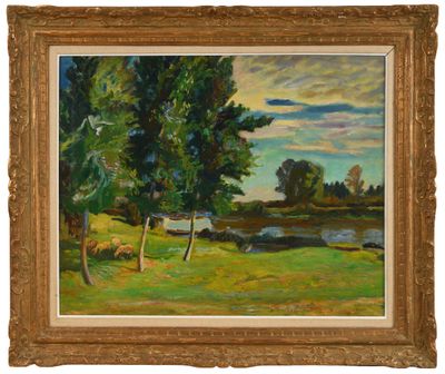 une image représentant un tableau d'un champ avec des arbres et une rivière