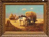 une peinture à l'huile représentant des chevaux tirant du foin dans un champ, avec des meules de foin en arrière-plan