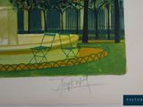 a picture of a painting of a chair in a park