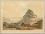 an image of a painting of a mountain scene with cattle grazing