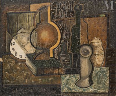 un tableau représentant une horloge et un vase posés sur une table