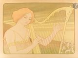 tableau représentant une femme jouant de la harpe devant une foule
