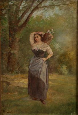 une peinture à l'huile représentant une femme en robe et chapeau dans un parc
