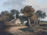painting of a country road with a house and trees in the background