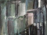 an oil painting of a building with a street light in front of it