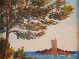 an oil painting of a sailboat on the water near a tree