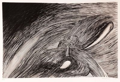 dessin en noir et blanc représentant une personne sur une planche de surf, chevauchant une vague