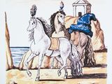 dessin représentant un homme à cheval, avec une femme assise derrière lui