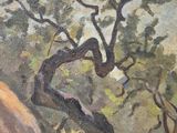 an oil painting of a tree in the middle of a field