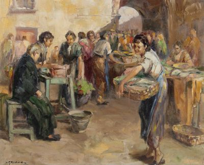 une peinture à l'huile représentant une femme portant un panier de provisions devant un groupe de personnes