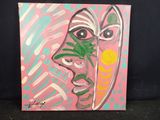 peinture représentant le visage d'une femme sur fond rose
