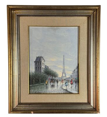 une image représentant un tableau où l'on voit des gens marcher dans la rue sous la pluie