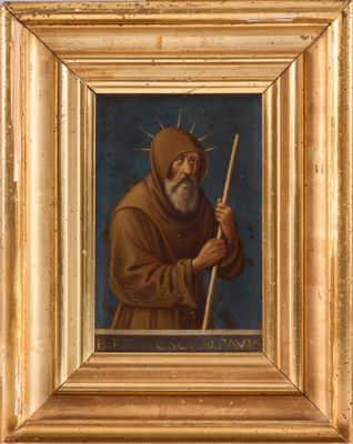 a painting of an old man holding a stick in a gold frame