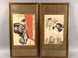 paire de gravures sur bois japonaises représentant une femme et un homme