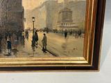 a painting of people walking down the street in the rain