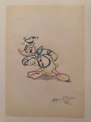 an image of a drawing of a goofy duck running with a tennis racket in his hand
