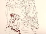 a drawing of a man standing in front of a building