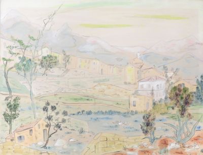 a painting of a view of a town from a hill